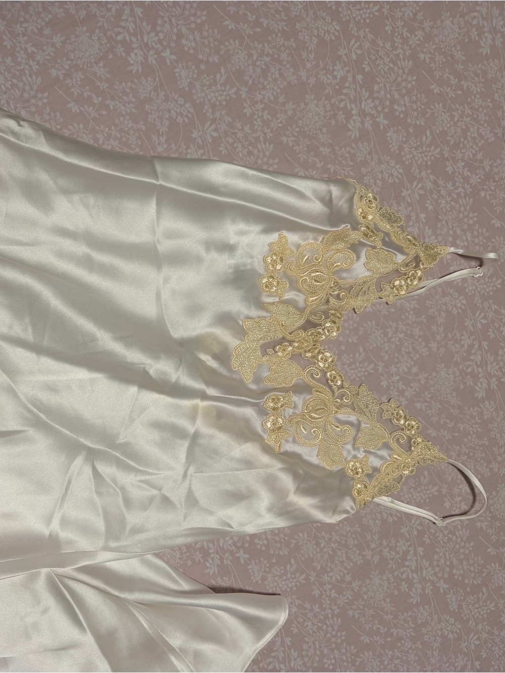 La Perla Delicate Ivory Satin Slip Dress with Gold Lace Trim